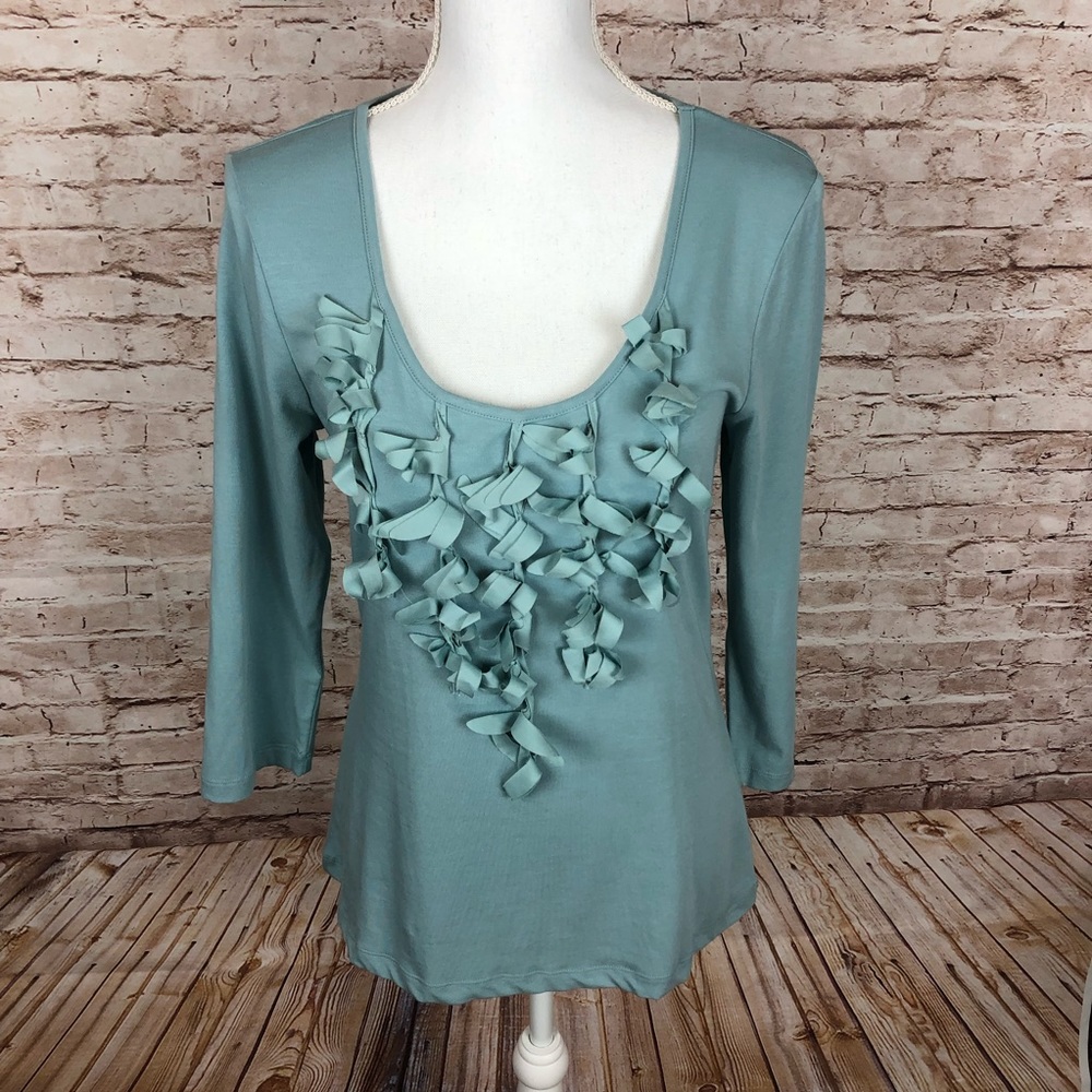 Spense Blue Curly Frill Top Size Large Scoop Neck 3/4 Sleeve NWT